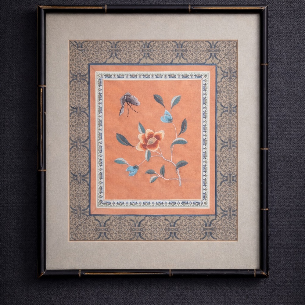 Chinese-style silk embroidery featuring a floral and butterfly motif